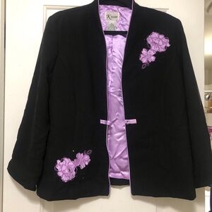 Vintage K Studio Black Blazer with Lavender Floral trim Size 16 Great conditions